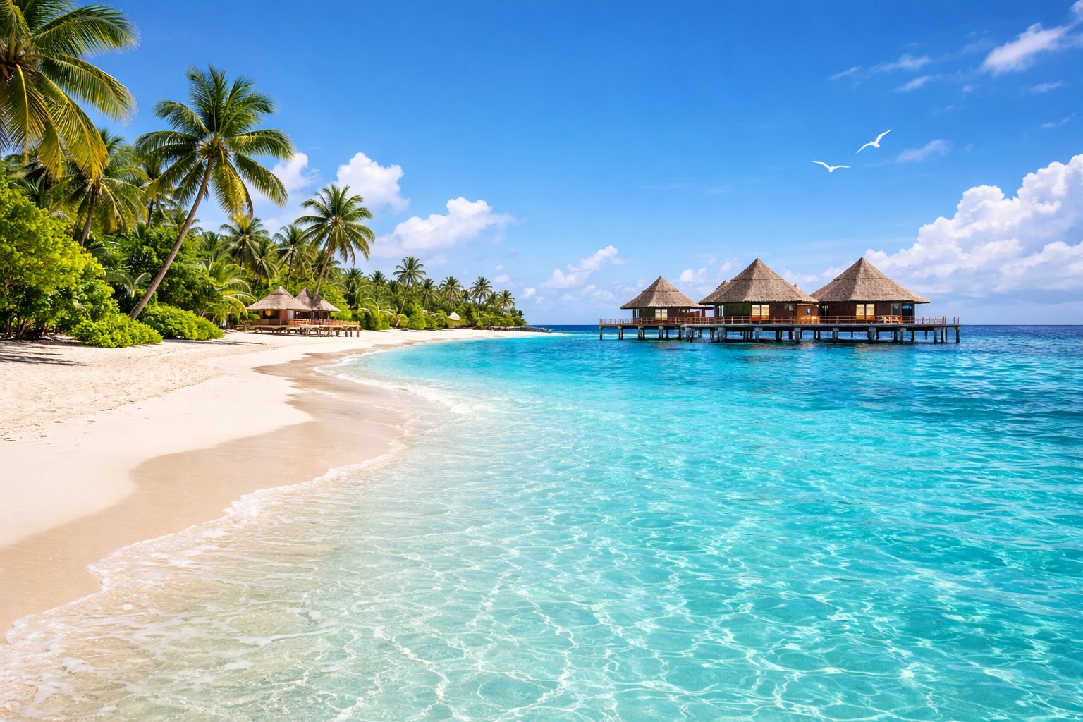 Maldives overwater bungalows and turquoise lagoon
